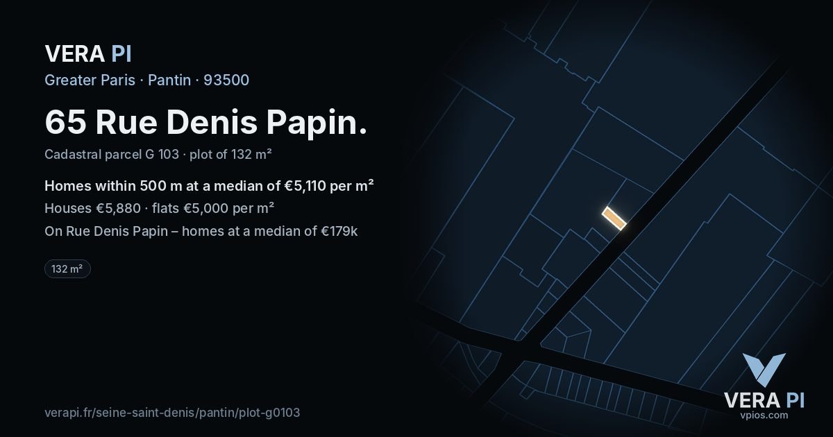 65 Rue Denis Papin, Pantin at night – the plot lit, the parcels around coloured by the prices near them