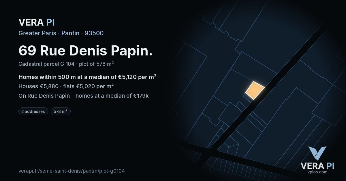 69 Rue Denis Papin, Pantin at night – the plot lit, the parcels around coloured by the prices near them