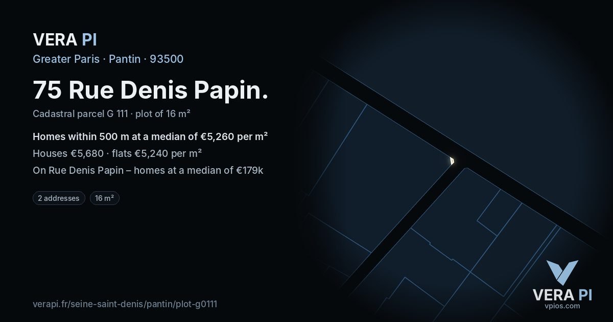 75 Rue Denis Papin, Pantin at night – the plot lit, the parcels around coloured by the prices near them