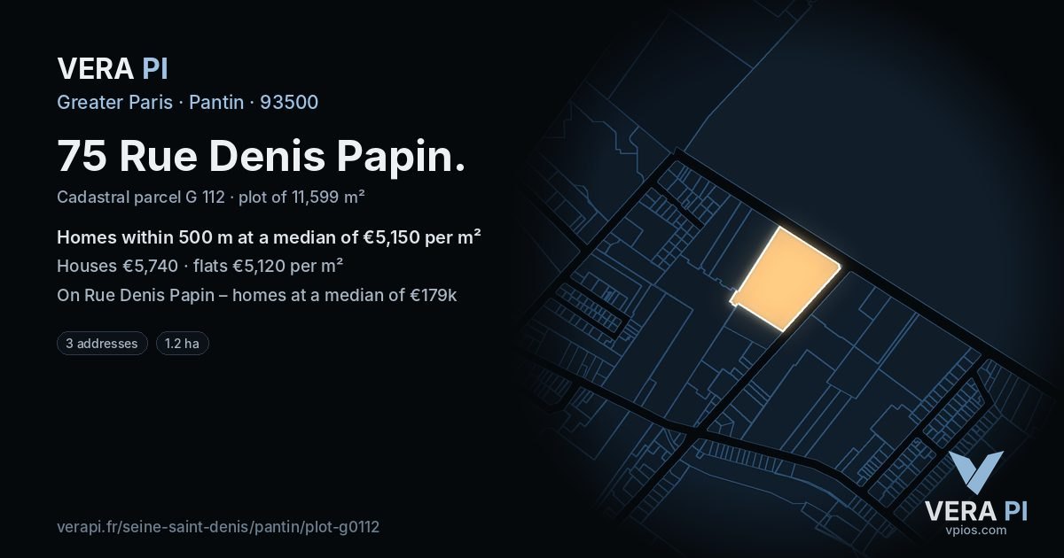 75 Rue Denis Papin, Pantin at night – the plot lit, the parcels around coloured by the prices near them