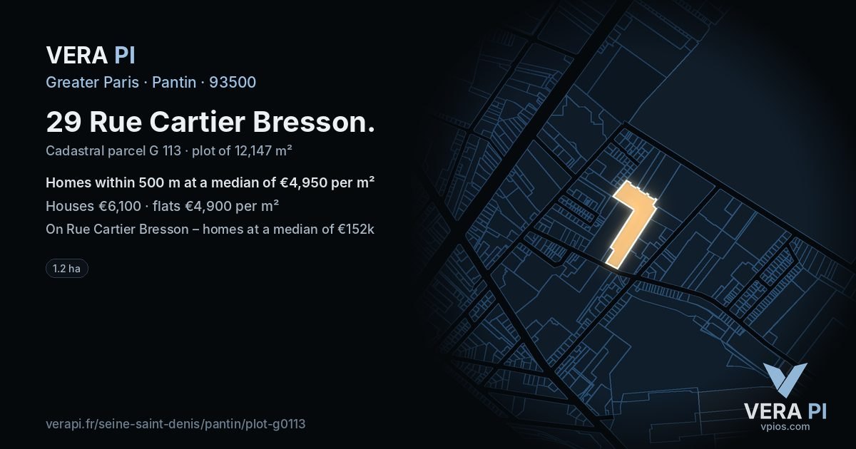 29 Rue Cartier Bresson, Pantin at night – the plot lit, the parcels around coloured by the prices near them