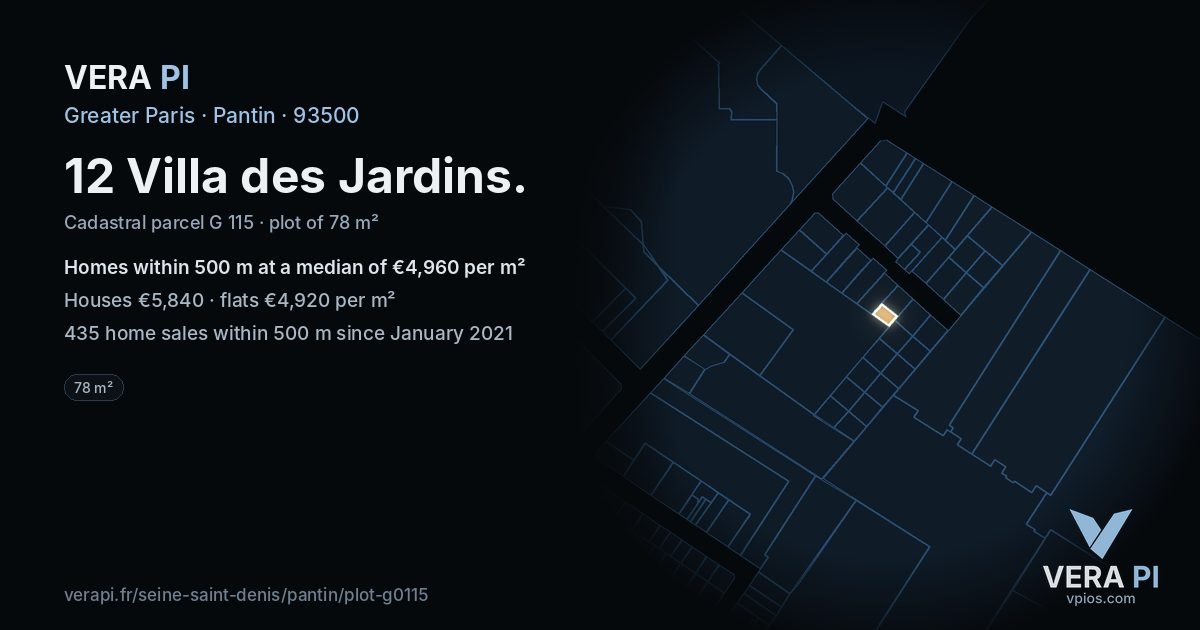 12 Villa des Jardins, Pantin at night – the plot lit, the parcels around coloured by the prices near them