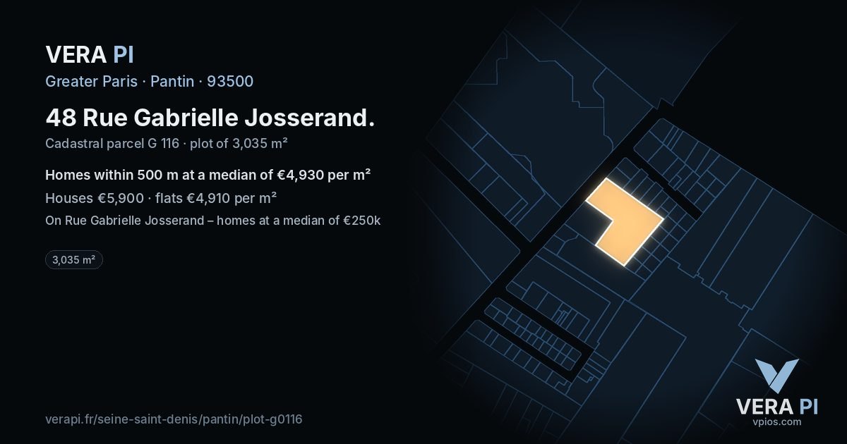 48 Rue Gabrielle Josserand, Pantin at night – the plot lit, the parcels around coloured by the prices near them