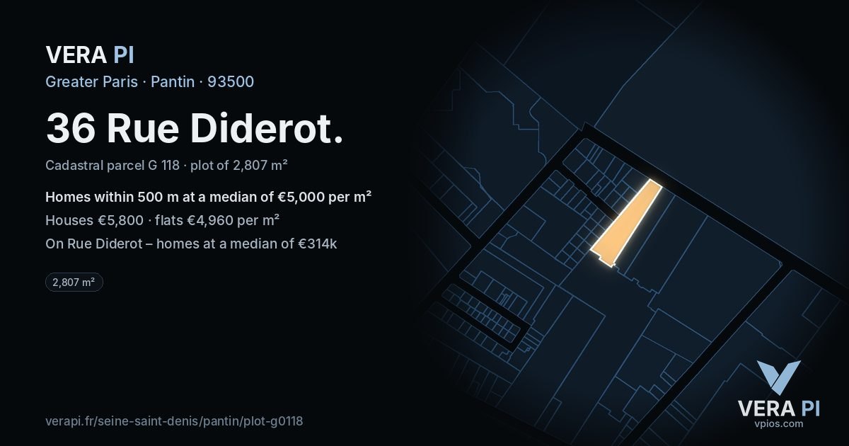 36 Rue Diderot, Pantin at night – the plot lit, the parcels around coloured by the prices near them