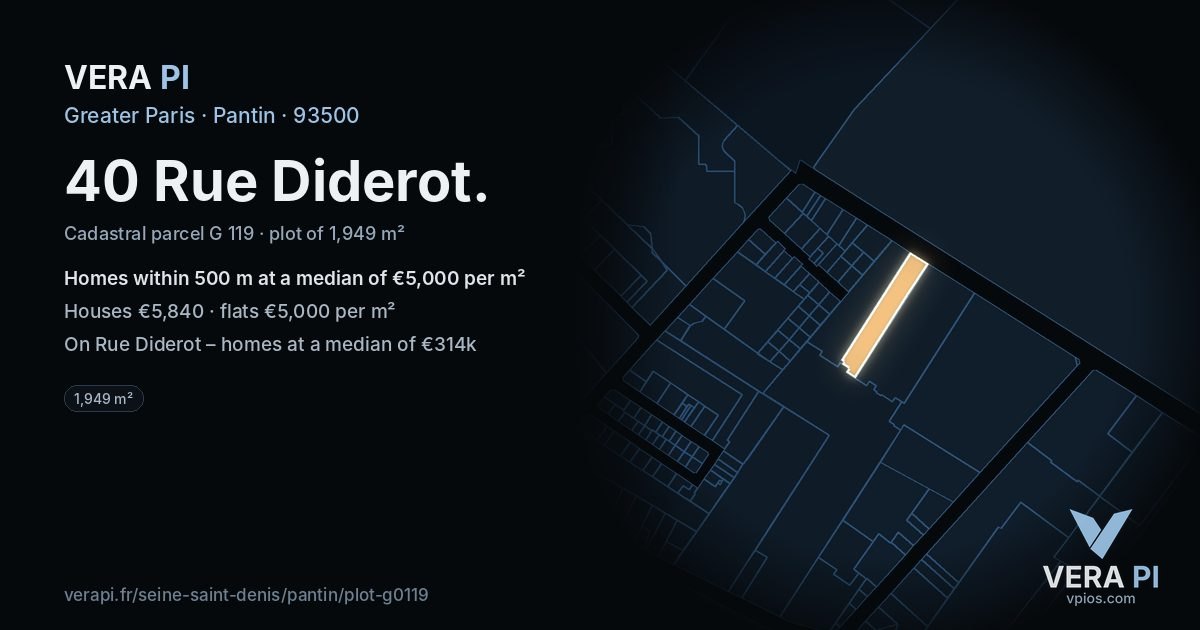 40 Rue Diderot, Pantin at night – the plot lit, the parcels around coloured by the prices near them