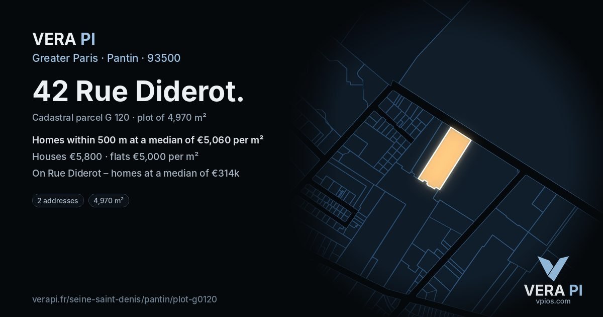 42 Rue Diderot, Pantin at night – the plot lit, the parcels around coloured by the prices near them