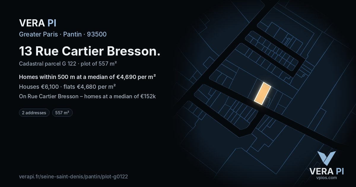 13 Rue Cartier Bresson, Pantin at night – the plot lit, the parcels around coloured by the prices near them