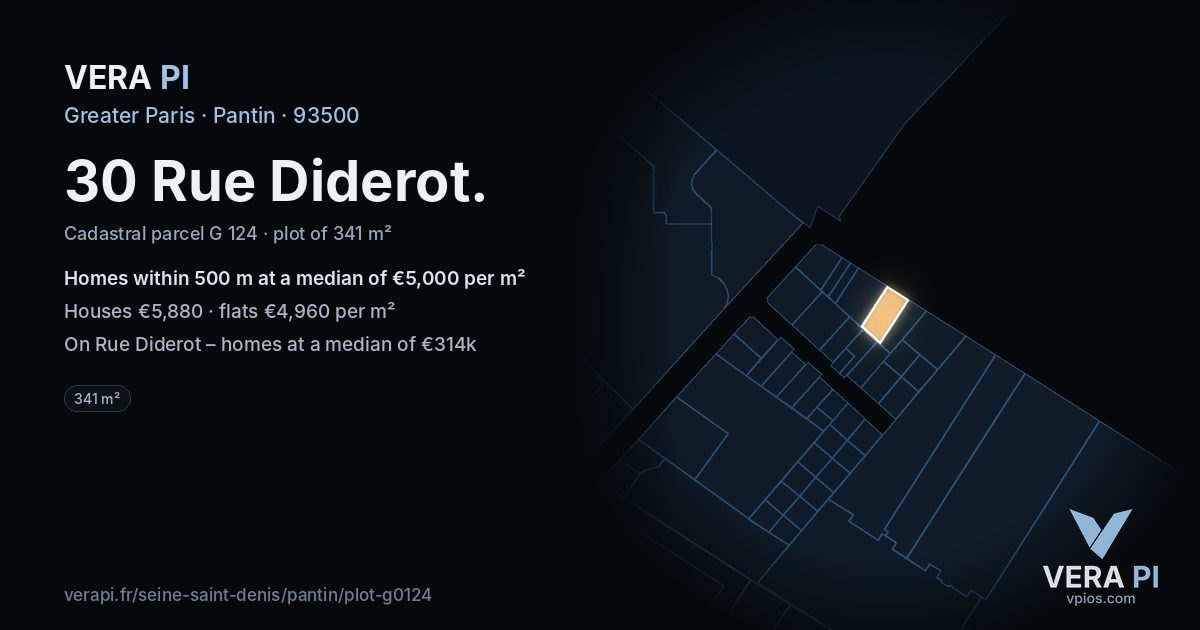 30 Rue Diderot, Pantin at night – the plot lit, the parcels around coloured by the prices near them