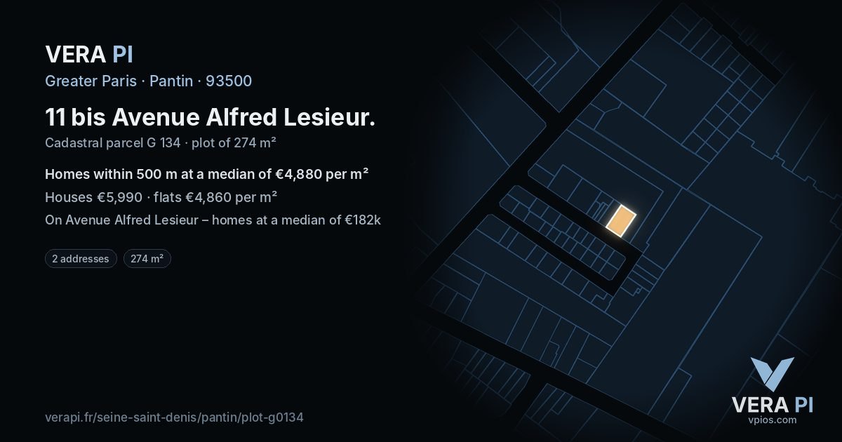 11 bis Avenue Alfred Lesieur, Pantin at night – the plot lit, the parcels around coloured by the prices near them