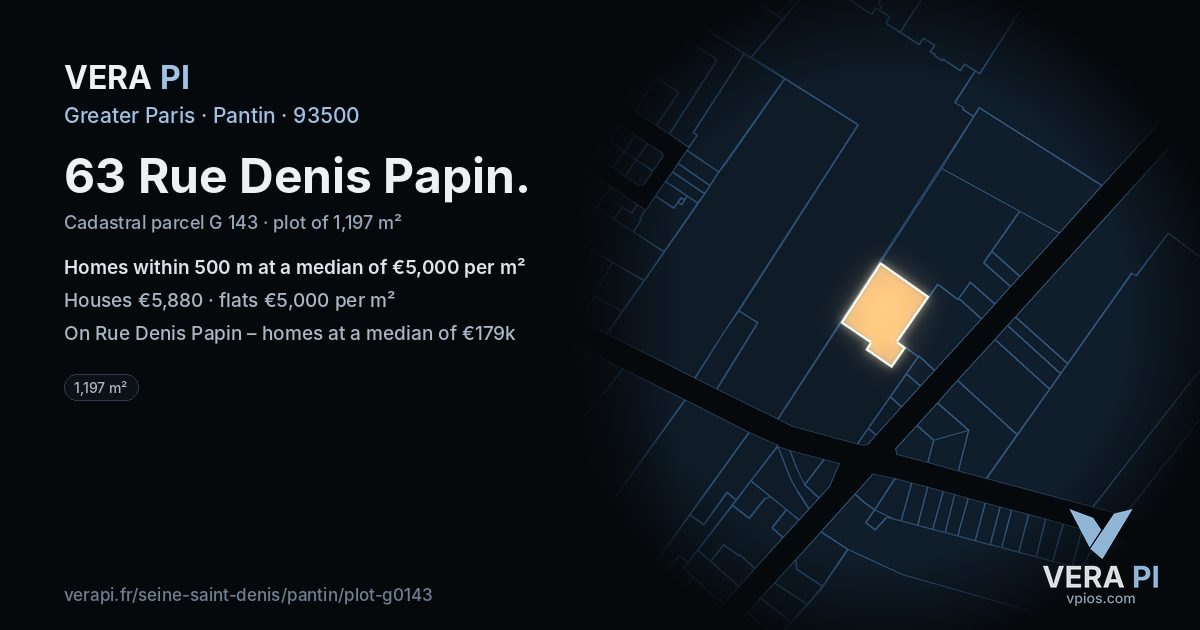 63 Rue Denis Papin, Pantin at night – the plot lit, the parcels around coloured by the prices near them