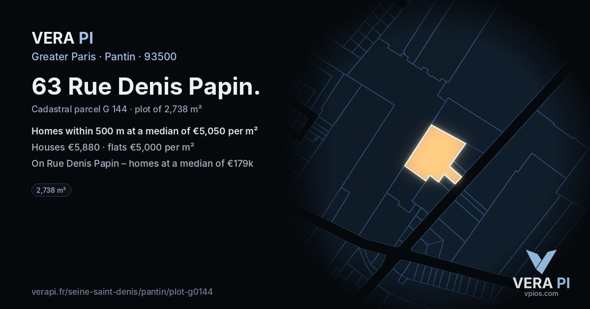 63 Rue Denis Papin, Pantin at night – the plot lit, the parcels around coloured by the prices near them