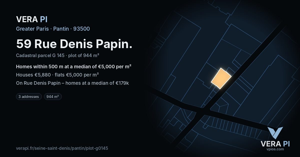 59 Rue Denis Papin, Pantin at night – the plot lit, the parcels around coloured by the prices near them