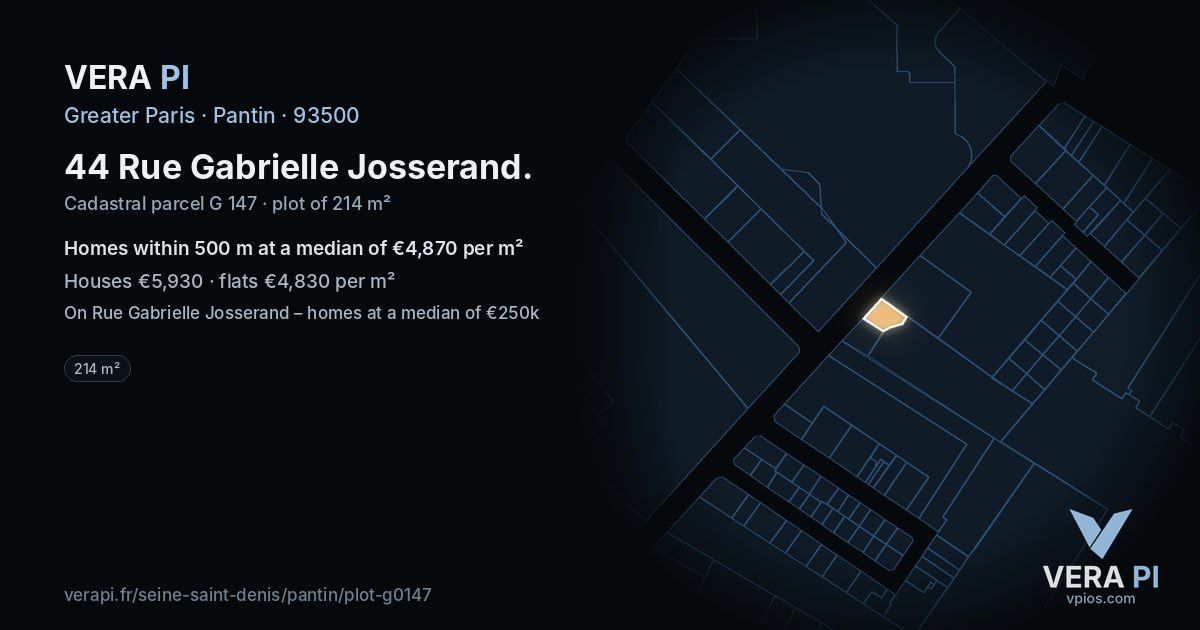 44 Rue Gabrielle Josserand, Pantin at night – the plot lit, the parcels around coloured by the prices near them