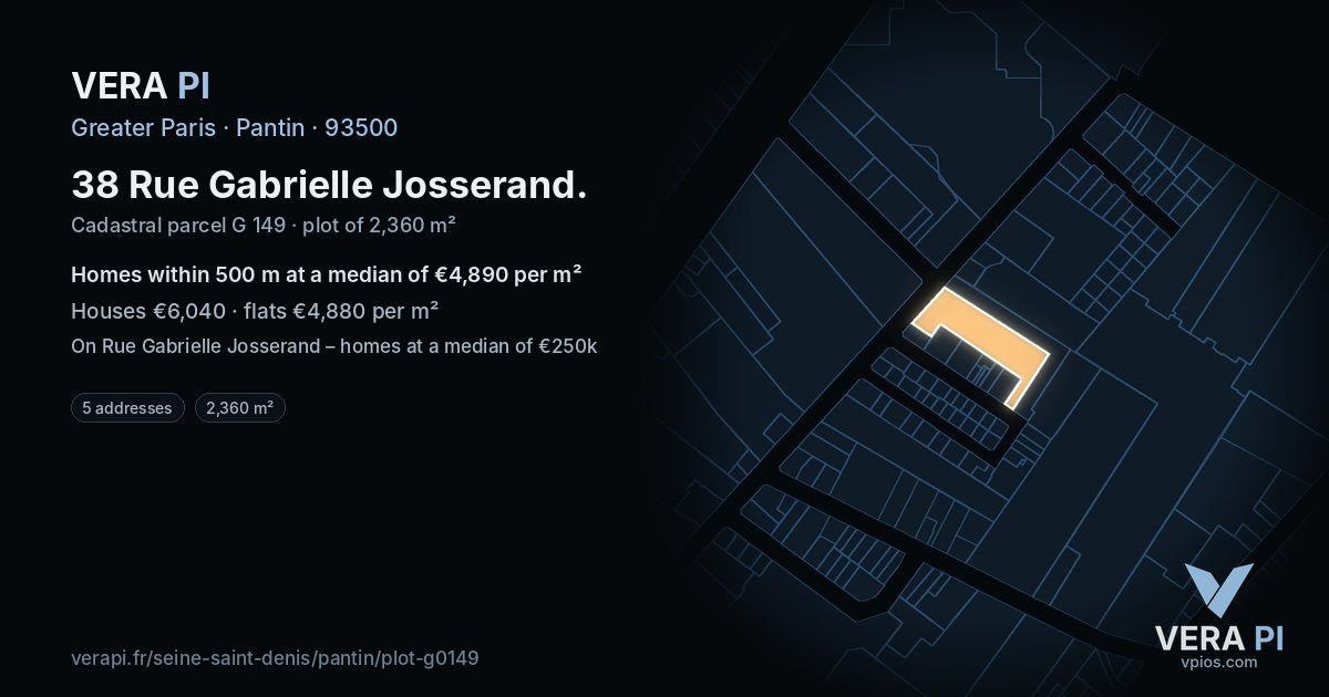38 Rue Gabrielle Josserand, Pantin at night – the plot lit, the parcels around coloured by the prices near them