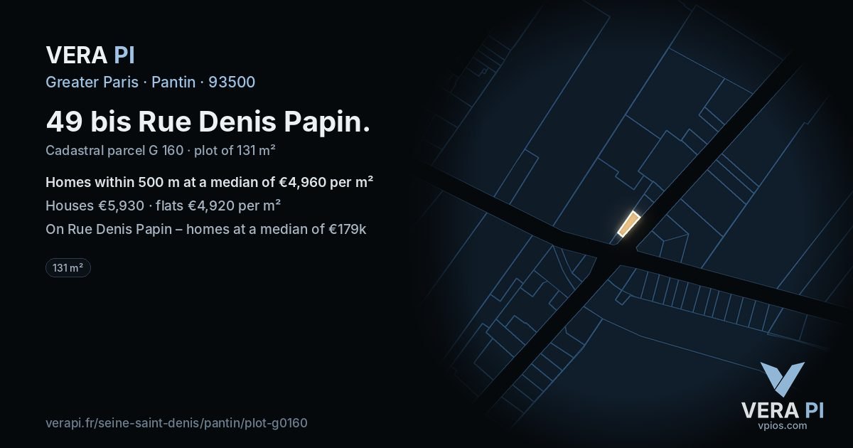 49 bis Rue Denis Papin, Pantin at night – the plot lit, the parcels around coloured by the prices near them
