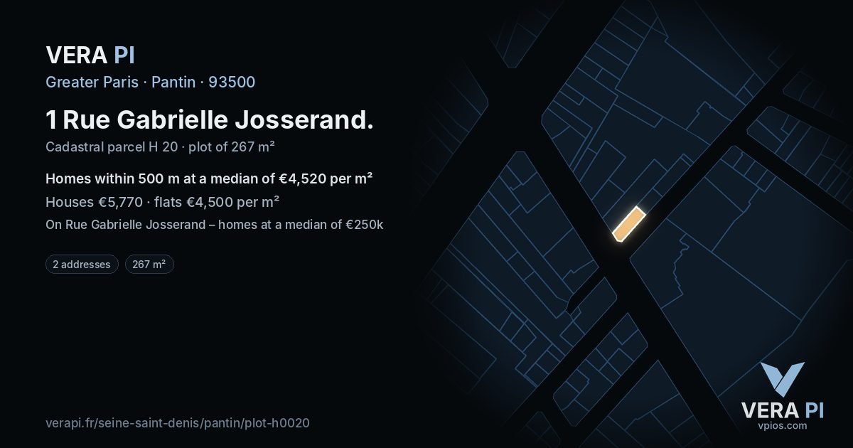 1 Rue Gabrielle Josserand, Pantin at night – the plot lit, the parcels around coloured by the prices near them