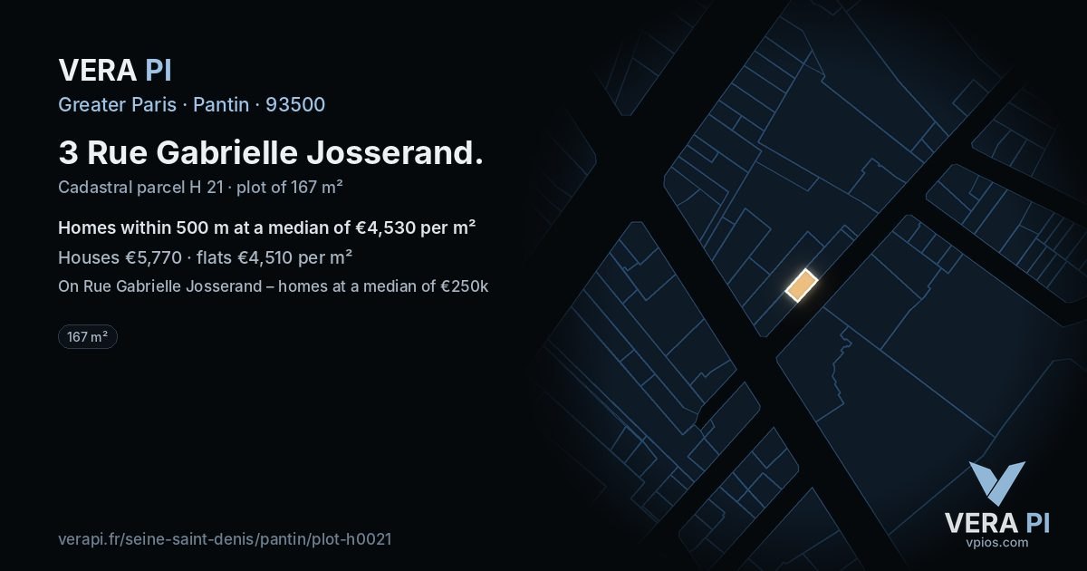 3 Rue Gabrielle Josserand, Pantin at night – the plot lit, the parcels around coloured by the prices near them
