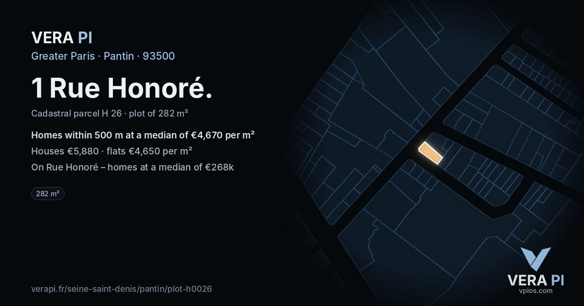 1 Rue Honoré, Pantin at night – the plot lit, the parcels around coloured by the prices near them