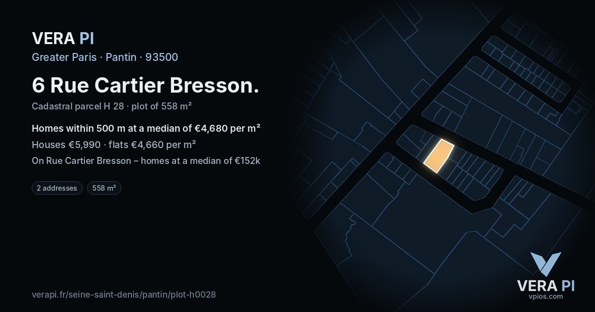6 Rue Cartier Bresson, Pantin at night – the plot lit, the parcels around coloured by the prices near them