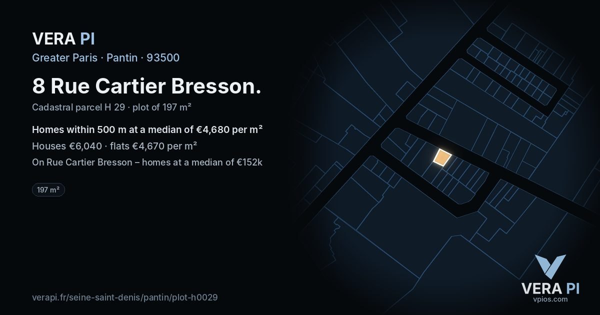 8 Rue Cartier Bresson, Pantin at night – the plot lit, the parcels around coloured by the prices near them