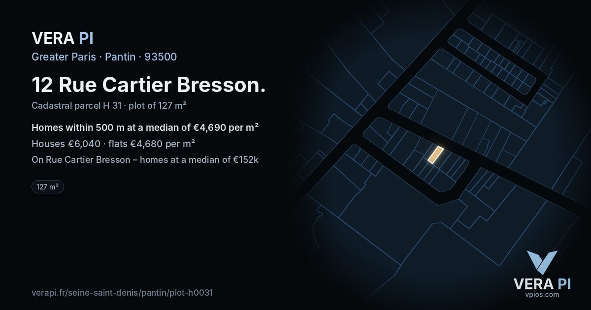 12 Rue Cartier Bresson, Pantin at night – the plot lit, the parcels around coloured by the prices near them