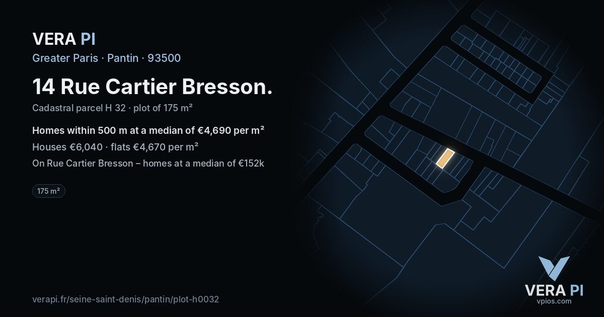 14 Rue Cartier Bresson, Pantin at night – the plot lit, the parcels around coloured by the prices near them