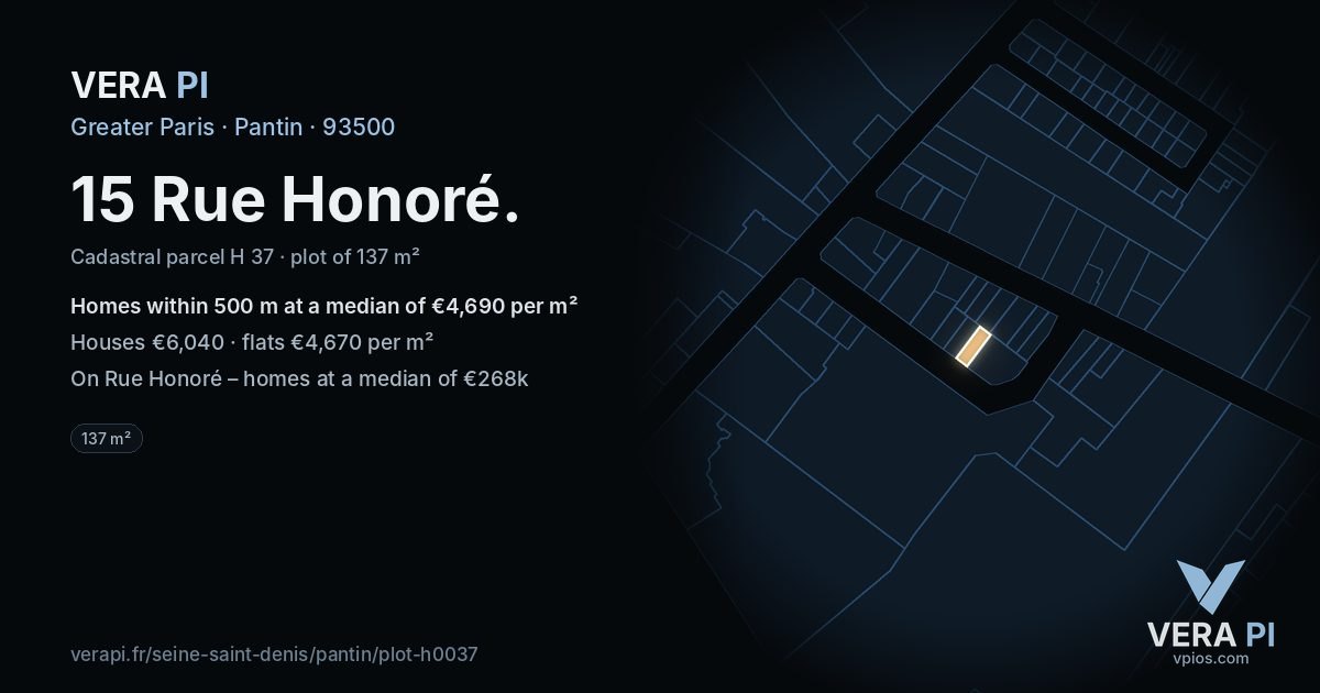 15 Rue Honoré, Pantin at night – the plot lit, the parcels around coloured by the prices near them