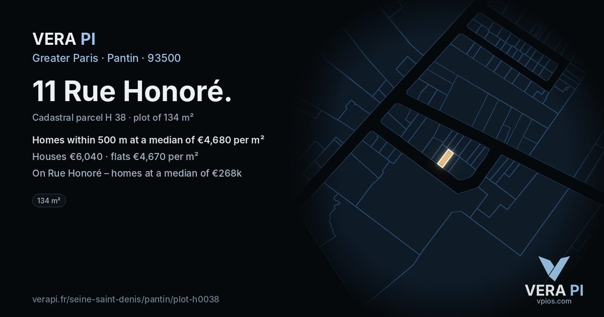 11 Rue Honoré, Pantin at night – the plot lit, the parcels around coloured by the prices near them