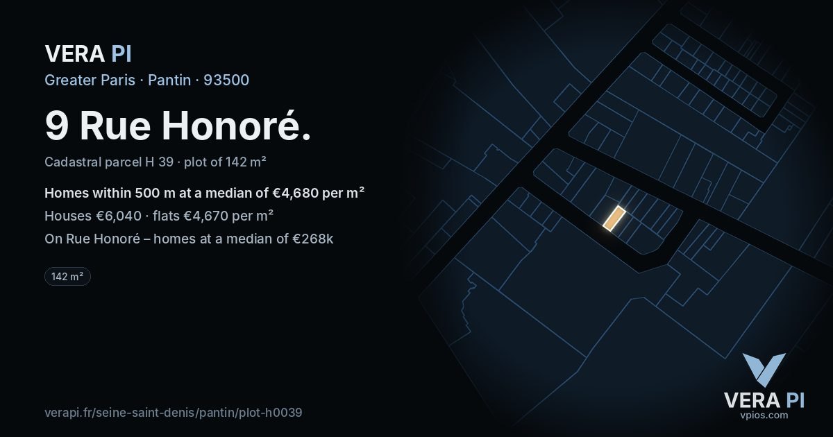 9 Rue Honoré, Pantin at night – the plot lit, the parcels around coloured by the prices near them