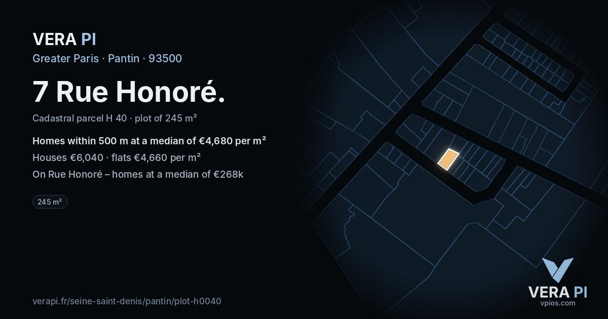 7 Rue Honoré, Pantin at night – the plot lit, the parcels around coloured by the prices near them