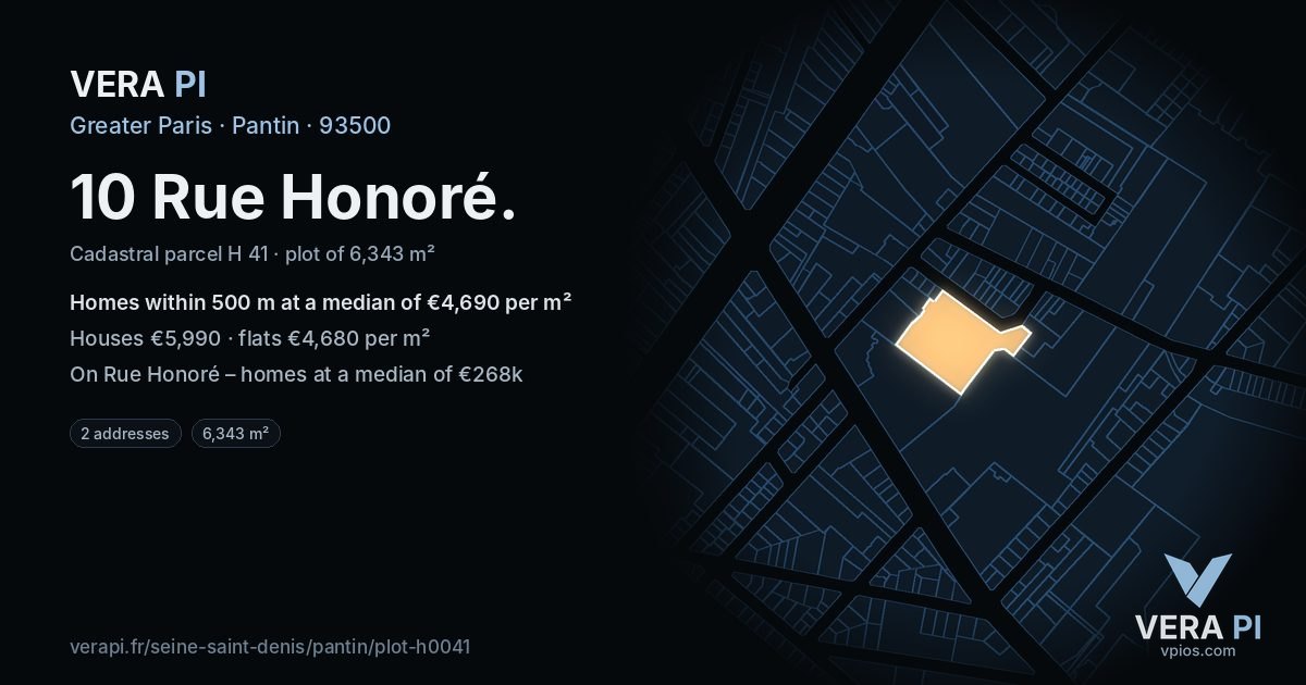 10 Rue Honoré, Pantin at night – the plot lit, the parcels around coloured by the prices near them