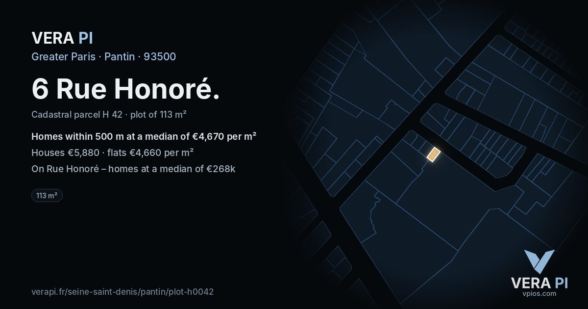 6 Rue Honoré, Pantin at night – the plot lit, the parcels around coloured by the prices near them