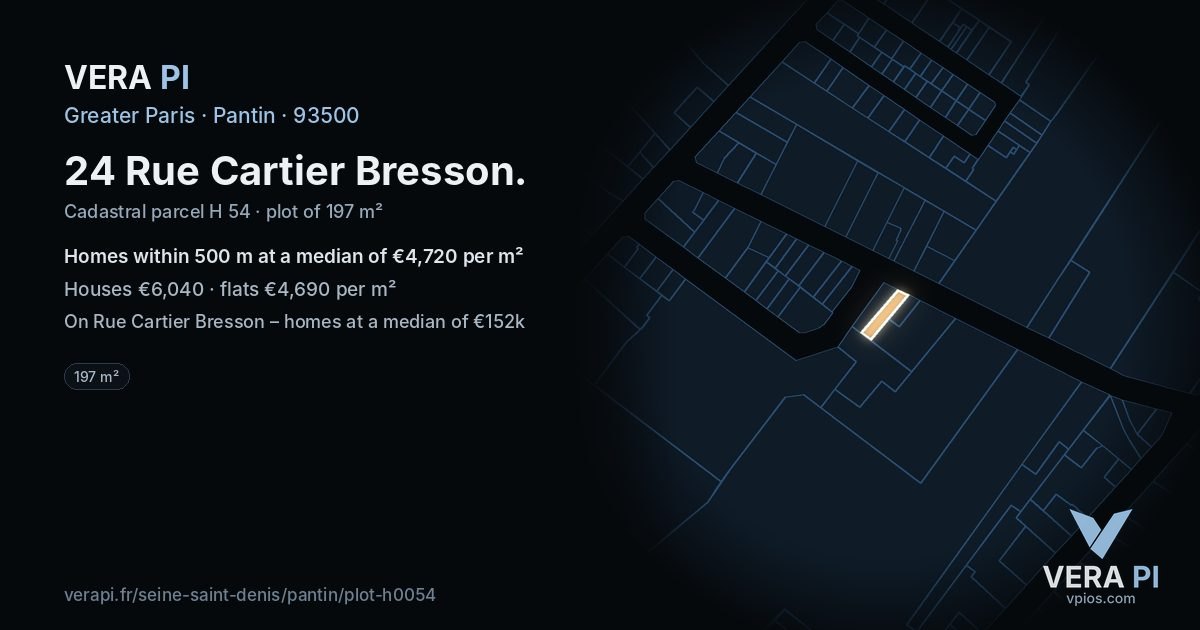 24 Rue Cartier Bresson, Pantin at night – the plot lit, the parcels around coloured by the prices near them