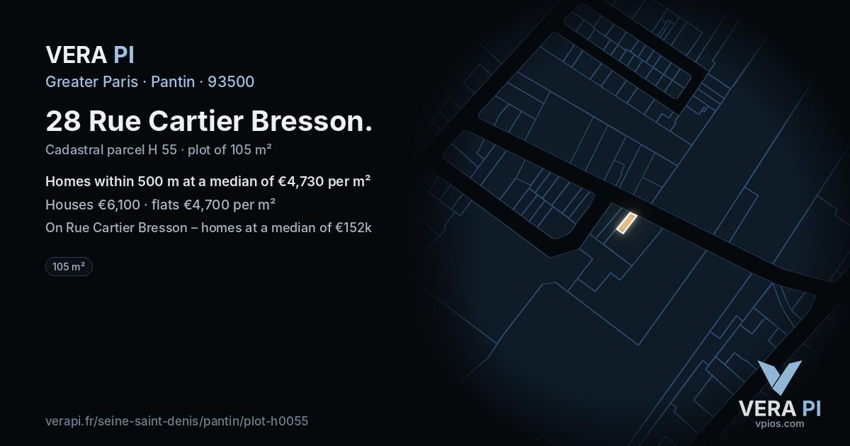 28 Rue Cartier Bresson, Pantin at night – the plot lit, the parcels around coloured by the prices near them