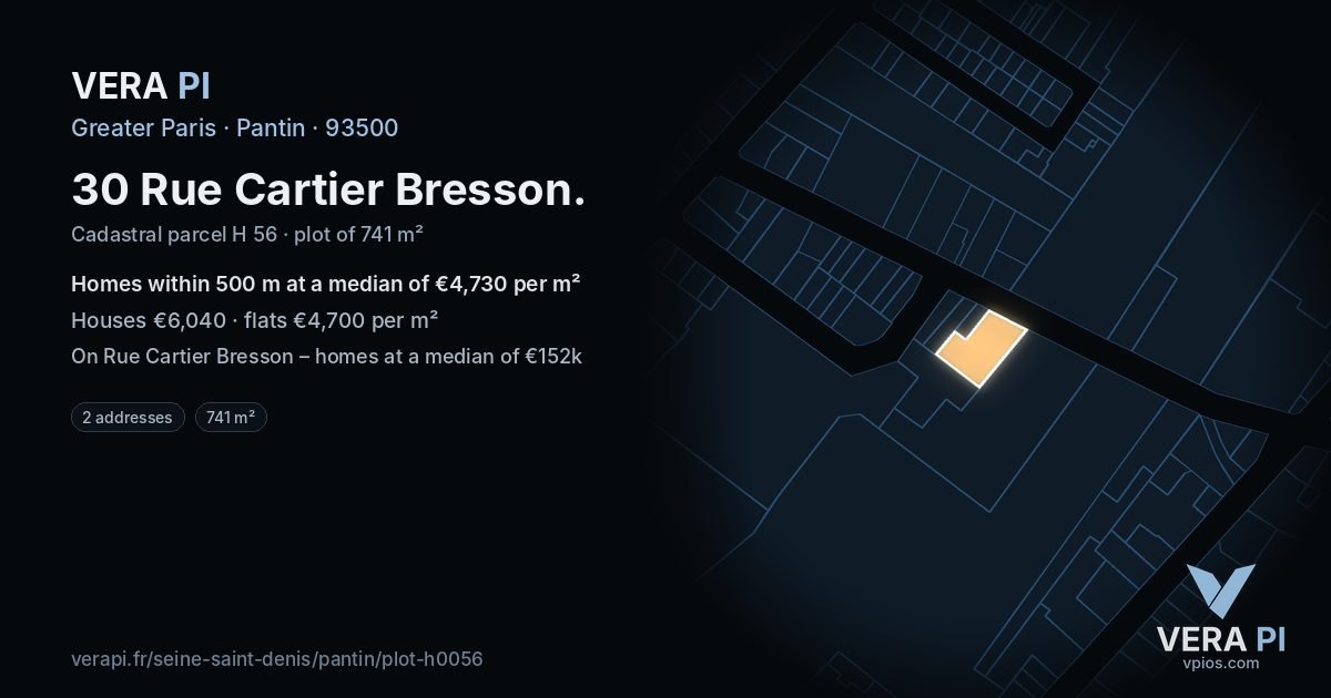 30 Rue Cartier Bresson, Pantin at night – the plot lit, the parcels around coloured by the prices near them