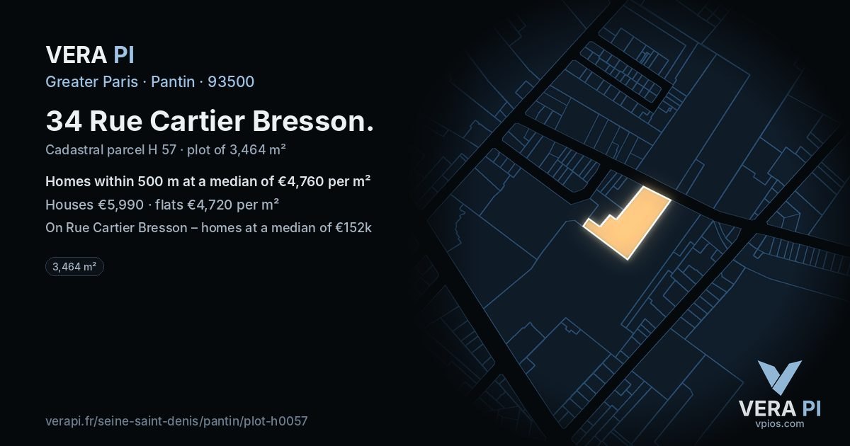 34 Rue Cartier Bresson, Pantin at night – the plot lit, the parcels around coloured by the prices near them
