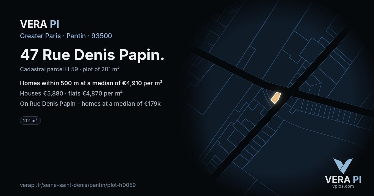 47 Rue Denis Papin, Pantin at night – the plot lit, the parcels around coloured by the prices near them