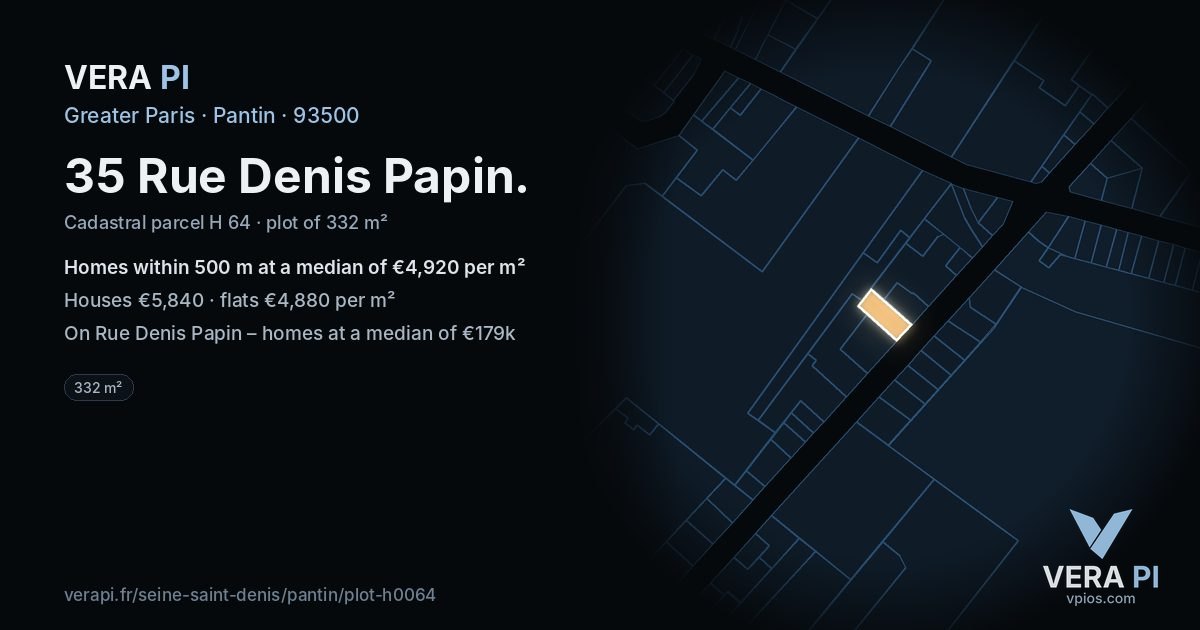 35 Rue Denis Papin, Pantin at night – the plot lit, the parcels around coloured by the prices near them