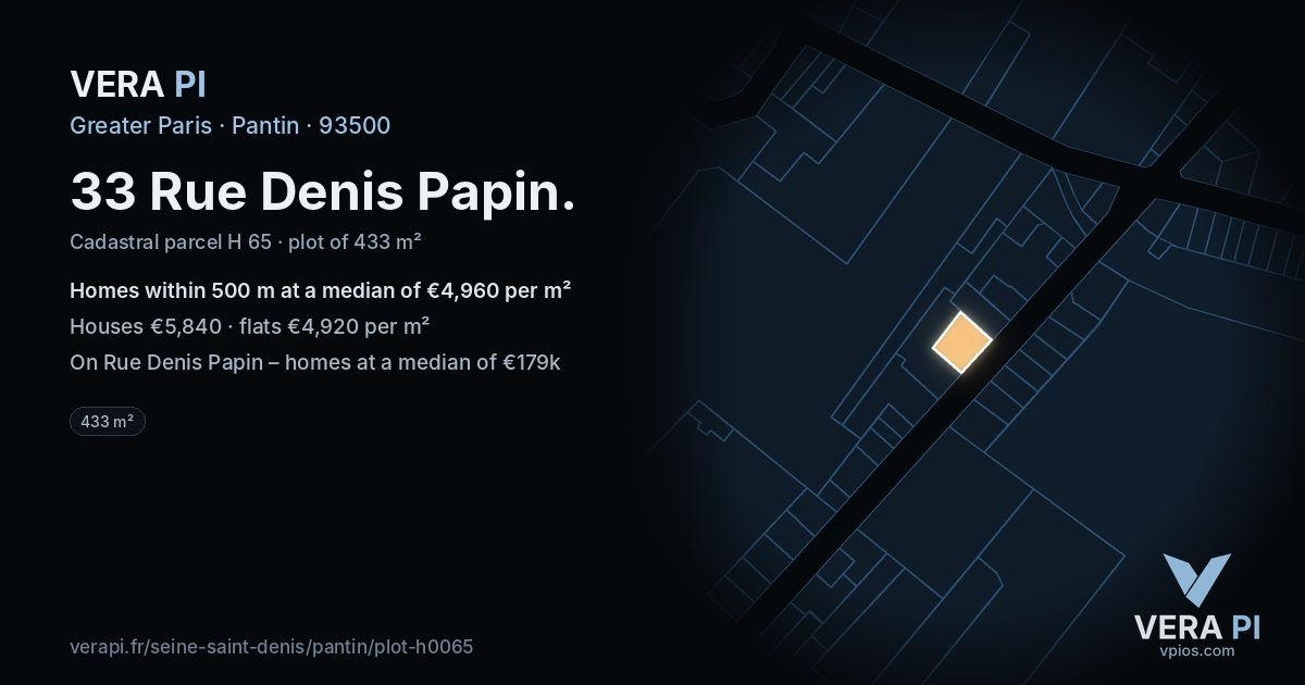 33 Rue Denis Papin, Pantin at night – the plot lit, the parcels around coloured by the prices near them