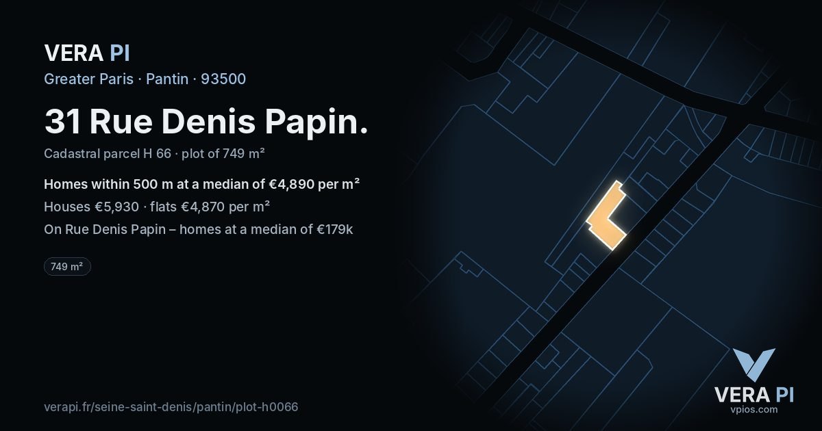 31 Rue Denis Papin, Pantin at night – the plot lit, the parcels around coloured by the prices near them