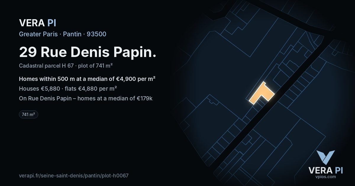 29 Rue Denis Papin, Pantin at night – the plot lit, the parcels around coloured by the prices near them