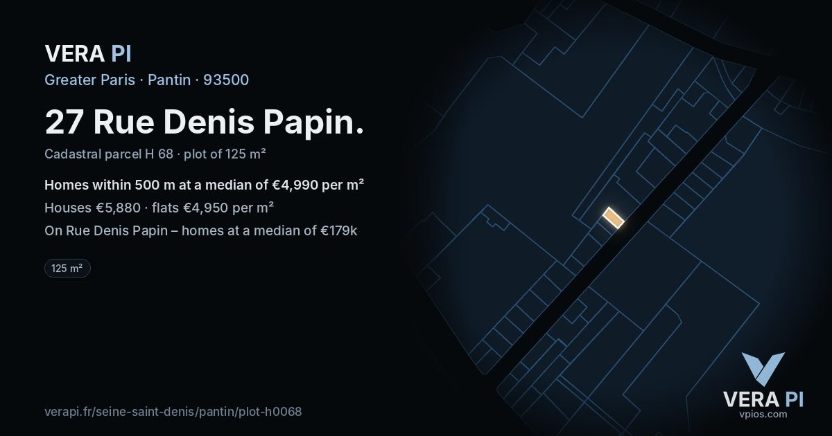 27 Rue Denis Papin, Pantin at night – the plot lit, the parcels around coloured by the prices near them