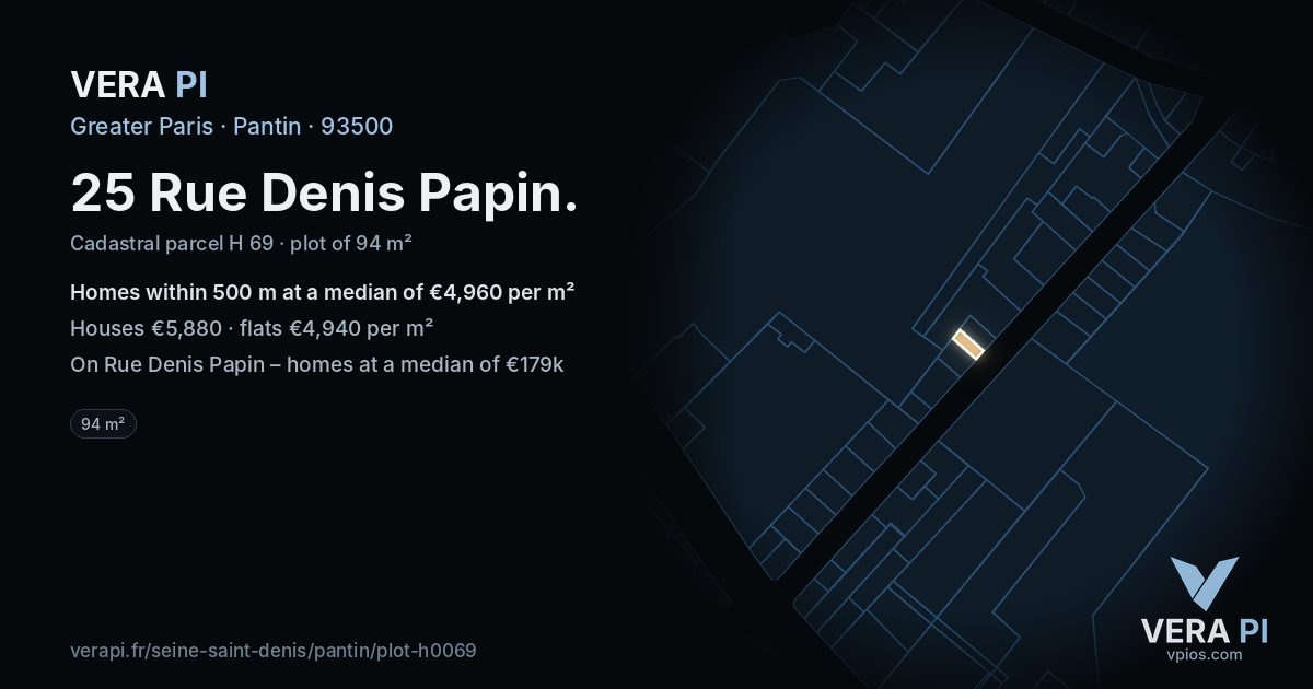 25 Rue Denis Papin, Pantin at night – the plot lit, the parcels around coloured by the prices near them