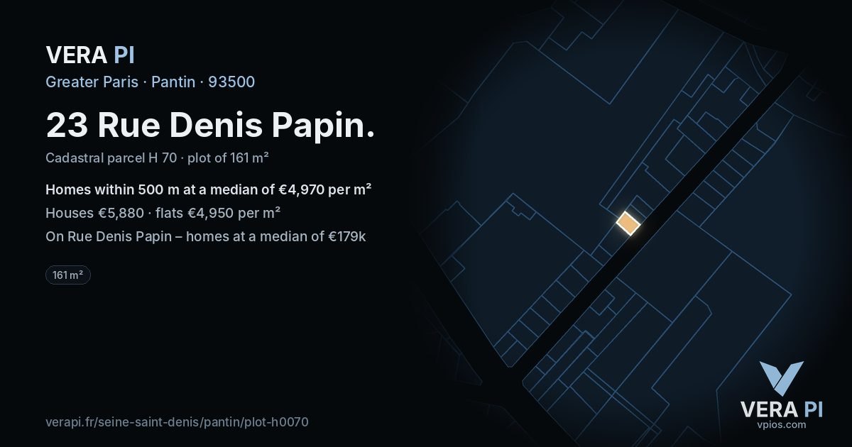 23 Rue Denis Papin, Pantin at night – the plot lit, the parcels around coloured by the prices near them