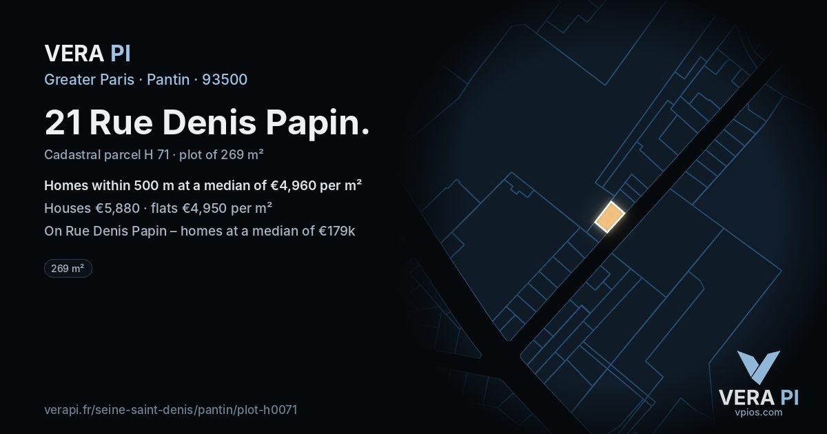21 Rue Denis Papin, Pantin at night – the plot lit, the parcels around coloured by the prices near them