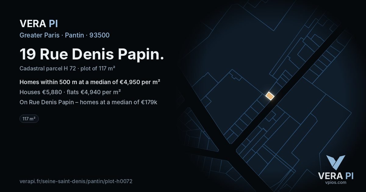 19 Rue Denis Papin, Pantin at night – the plot lit, the parcels around coloured by the prices near them