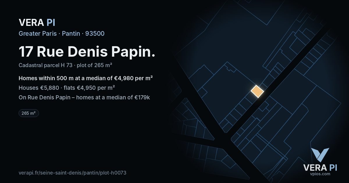 17 Rue Denis Papin, Pantin at night – the plot lit, the parcels around coloured by the prices near them