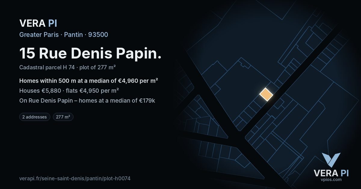 15 Rue Denis Papin, Pantin at night – the plot lit, the parcels around coloured by the prices near them