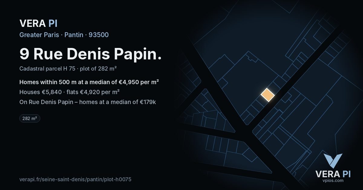 9 Rue Denis Papin, Pantin at night – the plot lit, the parcels around coloured by the prices near them