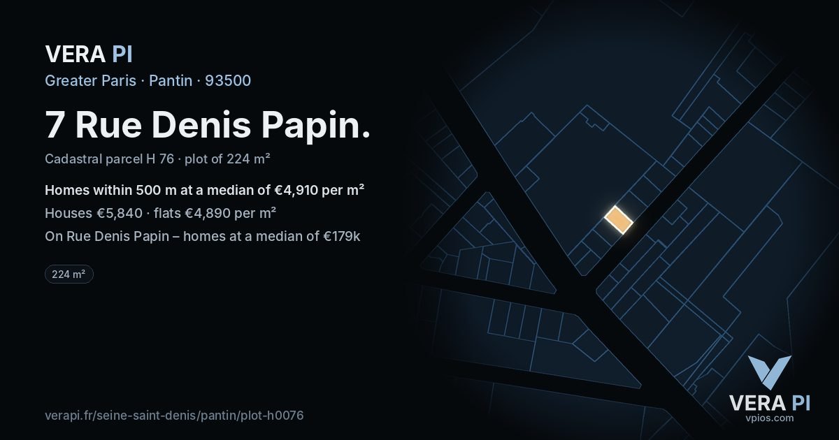 7 Rue Denis Papin, Pantin at night – the plot lit, the parcels around coloured by the prices near them